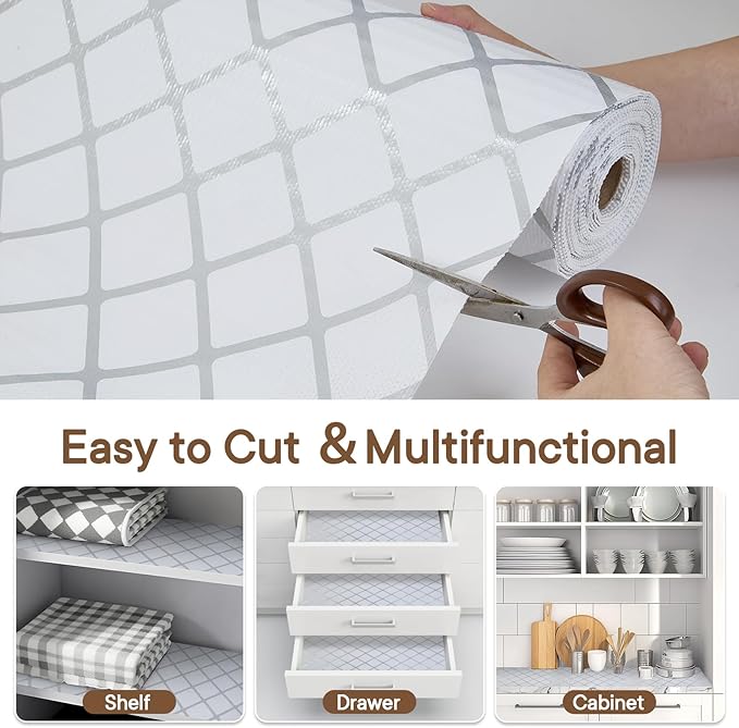 Shelf and Drawer Liner for Kitchen Cabinets Non-Adhesive, Strong Grip Non-Slip Thickened Cabinet Liners for Shelves, Waterproof Mats for Dresser Cupboard, Silver Stripe, 24 in x 30 Feet