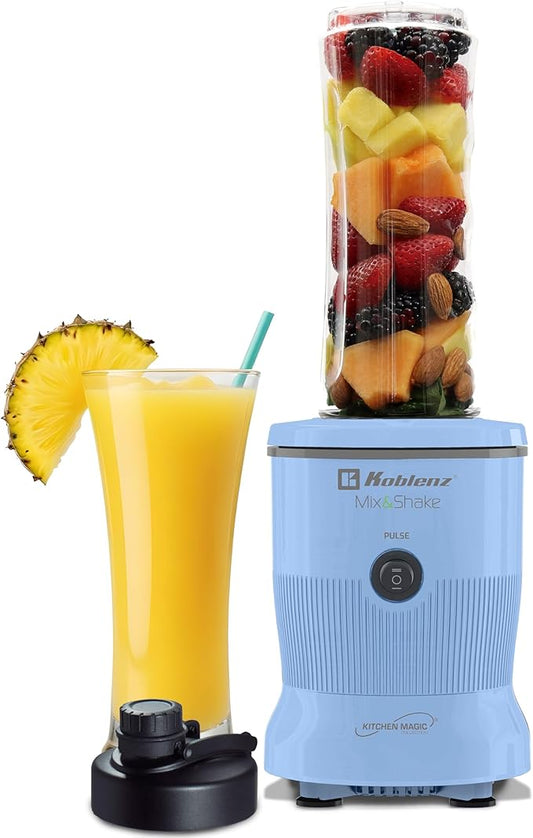 Mix&Shake Blender, 20 oz Portable Blender, 600W Motor, Pulse, ON/OFF Functions, Stainless Steel Blades, Shakes, Sauces, Smoothie Maker, (1) 20 oz To-Go Bottle, Blue, MSKM-600 A