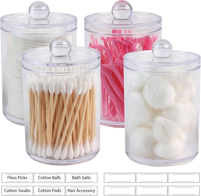 4 Pack Acrylic Qtip Holder Dispenser,Canisters Apothecary Jar Set, Vanity Makeup Bathroom Organizers and Storage Set, 10 and 12 oz