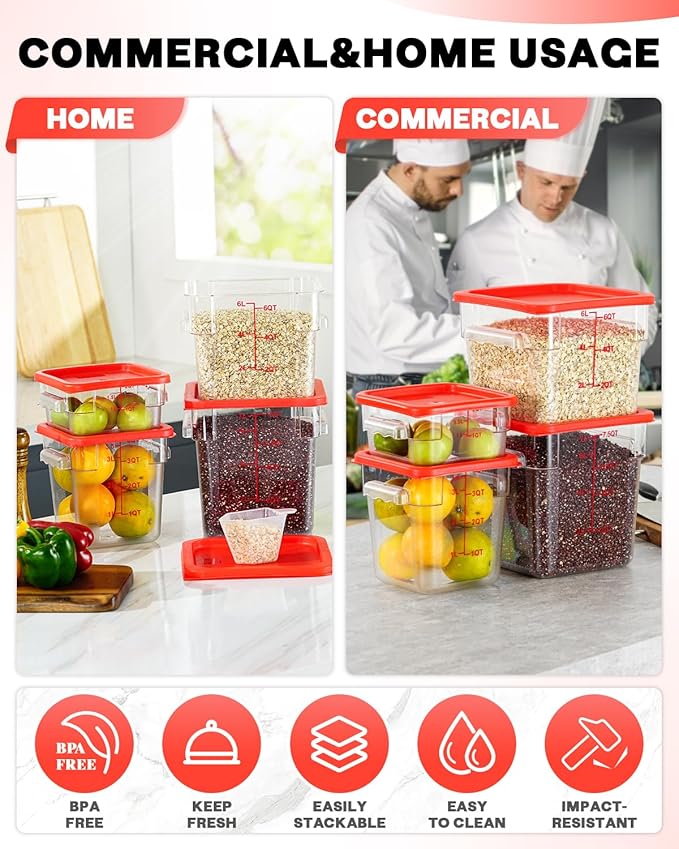 2QT NSF Food Storage Containers: 6 PCS [Food Grade][Hot&Cold Resistant] Commercial Clear Square Food Storage Containers with Scales Handles for Home Restaurant Kitchen Proof Dough(BPA FREE N1)