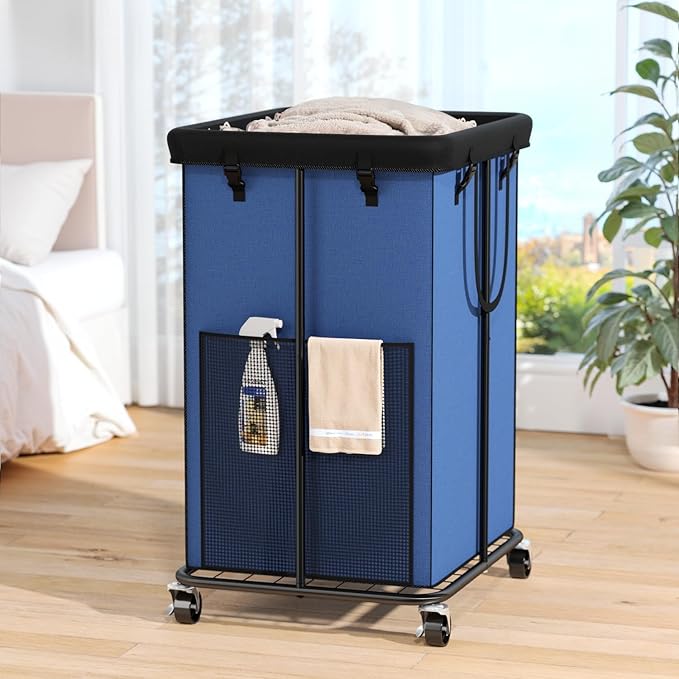 150L Laundry Hamper with Wheels, Rolling Laundry Basket with Metal Frame and Removable Bag, Large & Tall Dirty Clothes Hampers for Bedroom Aesthetic, Laundry Room, Bathroom, Dorm-Blue