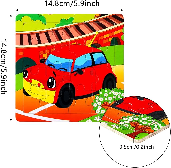 SANNIX 12 Pack Wooden Jigsaw Puzzles for Toddlers 3 4 5 Years Old, Party Favors Transportation Jigsaw for Kids, Educational Puzzles Travel Toy with 12 Organize Bags