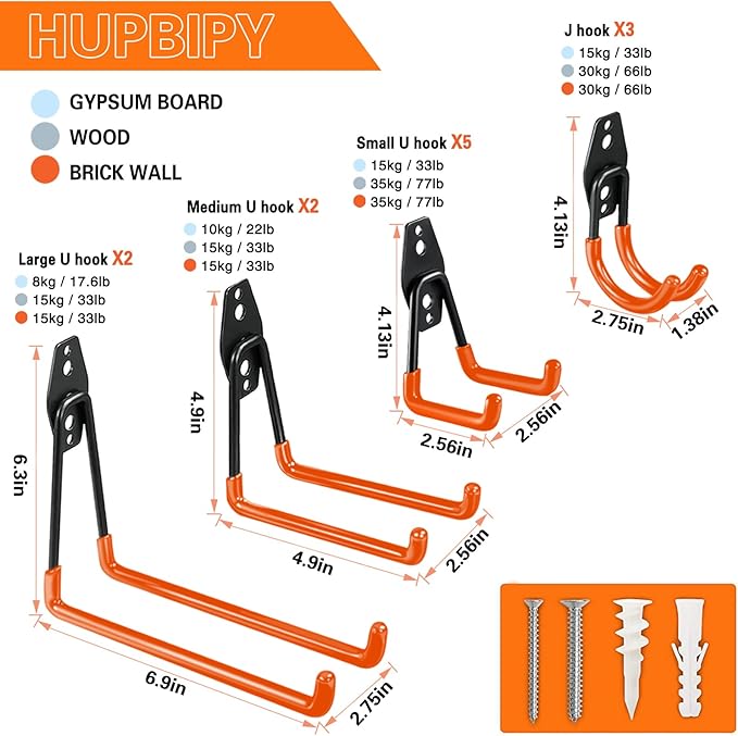 12 Pack Garage Hooks Heavy Duty Utility Steel with Anti-Slip Coating Wall Mount Storage Organizer for Hanging Power and Garden Tools, Ladders, Hose, Bikes, Ropes, Bulk Items, and More
