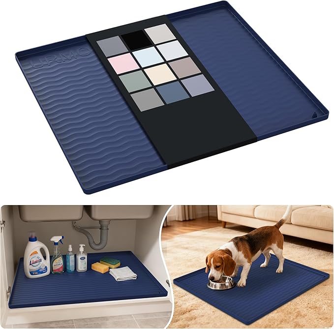 URMONA Waterproof Silicone Under Sink Mat 25'' x 22'' Shelf Liner for Kitchen and Bathroom, Cabinet and Counter Protector, Storage and Organizers, Litter Mat, Pet Cat Puppy Essentials(Navy)