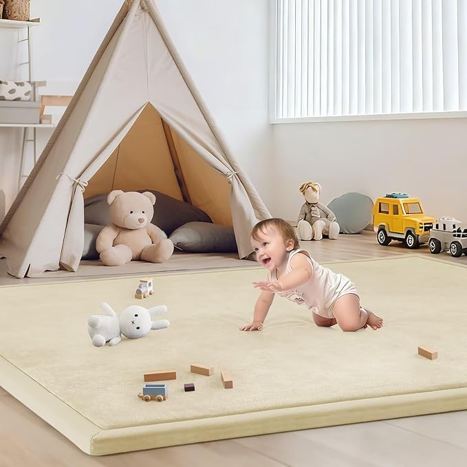 Baby Play Mat for Floor Nursery Rug Muscle Mat Area Rug Playroom Rug 79"x158" Playpen Mat Elastic Foam 1.3" Thick Crawling Mat for Babies,Toddlers, Infants, Kids,Light Beige