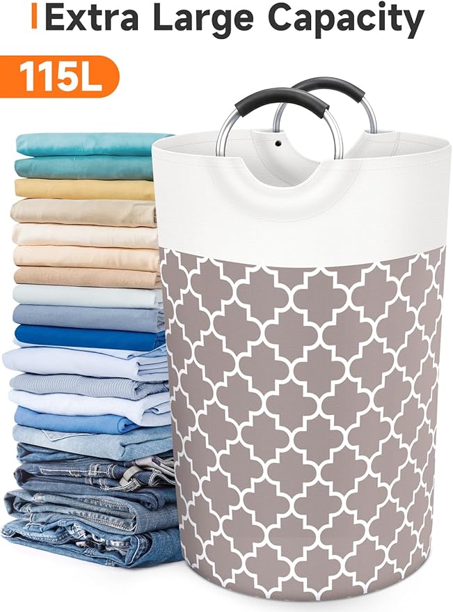 Large Laundry Basket Laundry Hamper Bag Washing Bin Clothes Bag Collapsible Tall With Handles Waterproof Travel Bathroom College Essentials Storage For College Dorm, Family (Khaki)115L