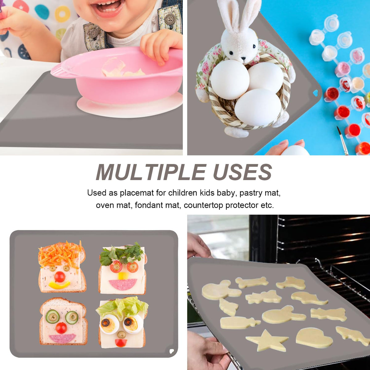 Silicone Placemats for Toddlers Thicker Version, Non-Slip Reusable Kids Placemats for Dining Table, Stain-Proof Baby Table Mat for Restaurants 4 Packs (Light Gray&Dark Gray)