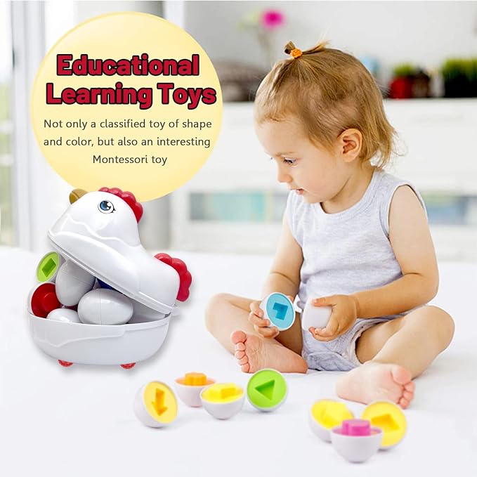 Easter Matching Eggs Toddler Toy with Push & Pull Chicken Box, 12 Pcs Montessori Sorter Learning Educational Toy, Multiple Shapes and Colors Fine Motor Skills Sensory Toy, Gift for Boys Girls