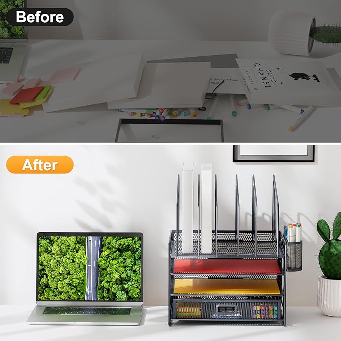 Marbrasse Desk Organizers, 4-Tier Mesh Desk File Organizer with 5 Vertical File Holders and 2 Pen Holders, Multifunction Desktop Organizer,Desk Organizers and Accessories for Home Office (Gray)