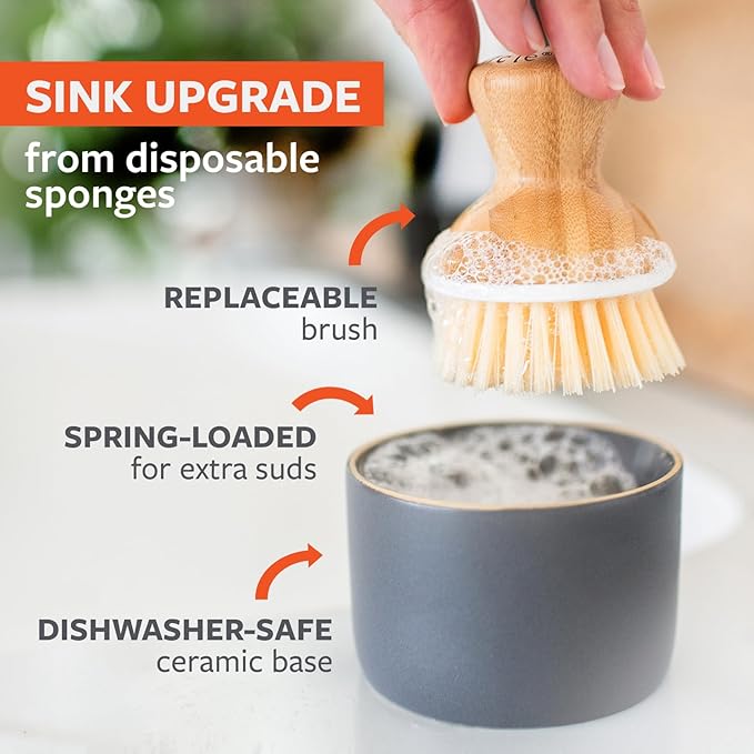 Full Circle Bubble Up- Eco-Friendly Bamboo Dish Brush & Ceramic Soap Dispenser - Natural Scrub Set for Dishes, Cast Iron - Kitchen Cleaning with Handle, Gray - 2 Pack