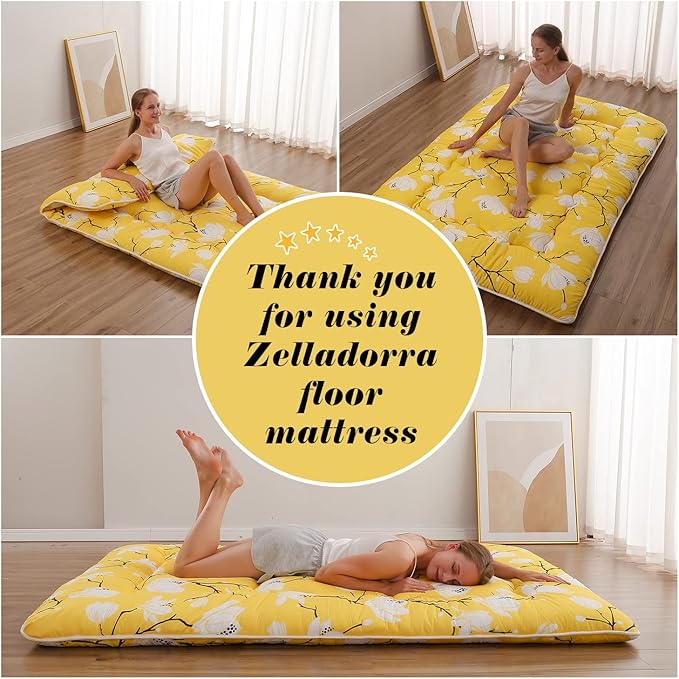 Japanese Floor Mattress, Futon Mattress with Portable Storage Bag and Washable Cover, Roll Up Thick Tatami Mat Suitable for Camping, Guest Room, Yellow Flower, Twin