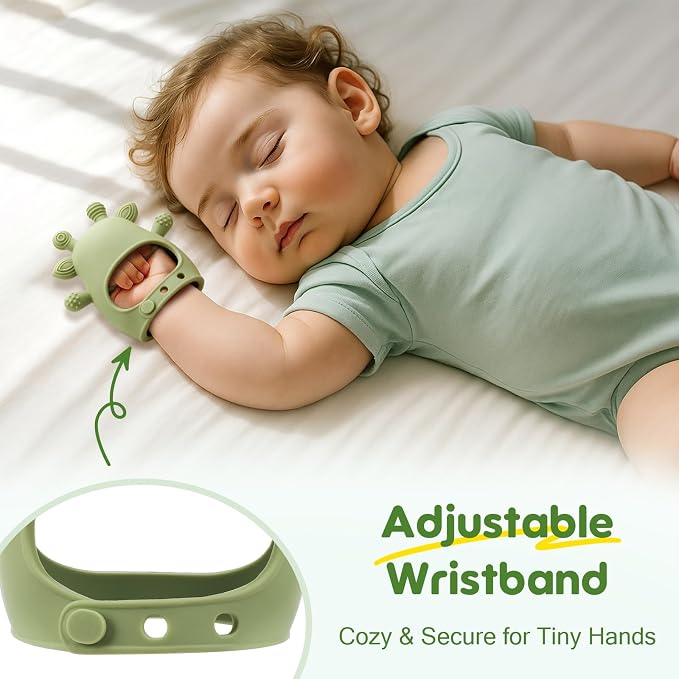 TOHIBEE 2 Packs Baby Teething Toys for 0-6 6-12 Months, Food Grade Silicone Adjustable Cow Teething Mitten, Chew Teether Toys for Teething Pain Relief, Baby and New Born Essentials, Green & Beige