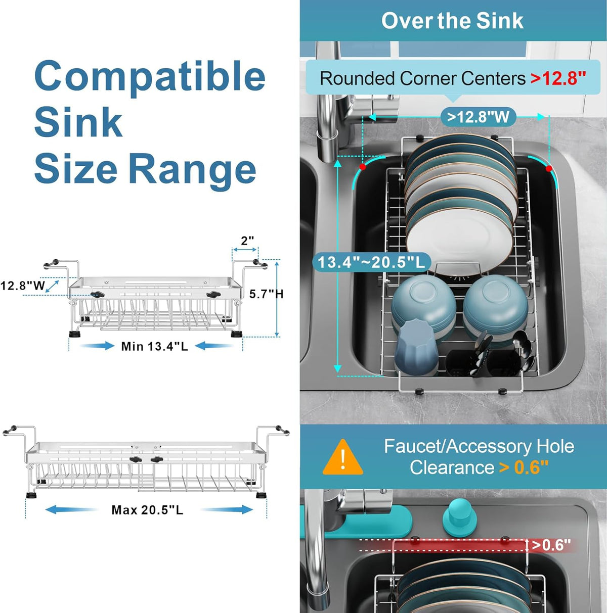 GSlife Expandable in Sink Dish Drying Rack - Stainless Steel Capacity Adjustable Over The Sink Dish Rack, Dish Drainer for Kitchen Sink Counter with Utensil Holder, 13.4"-20.5" L x 12.8" W, Silver