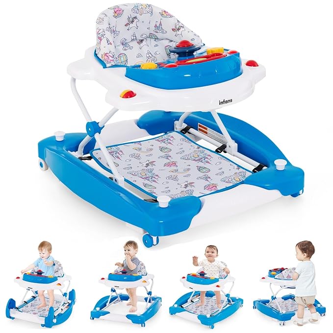 INFANS Baby Walker, 5 in 1 Behind Walker Learning Seated Rocker Bouncer with Removable Music Tray, Adjustable Height, Washable Seat Cushion, Foldable Activity Center for Toddlers (Unicorn)