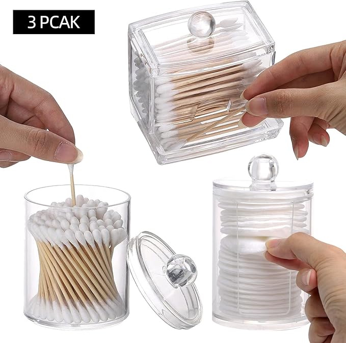 Tbestmax Bathroom Organizer Accessories Set-10 OZ,7 OZ Qtips Holder Storage with Clear Plastic Lids, Cotton Ball/Swabs Dispenser, Apothecary Container Jar 3 Pcs