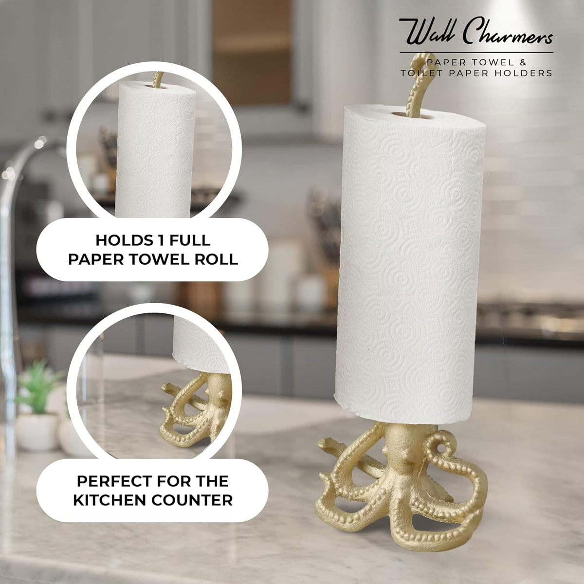 WallCharmers Gold Paper Towel Holder, Metal Toilet or Kitchen Paper Holder for Floor or Countertop, Gold Octopus