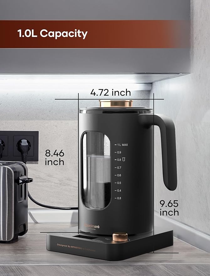 Electric Tea Kettle, INTASTING Glass Electric Kettle with tea Infuser and Precise knob temperature control, 1200W Fast Heating, BPA-Free, Easy to Clean, 1 Liter (Dark Gray)
