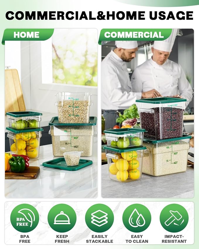 4QT NSF Food Storage Containers: 6 PCS [Food Grade][Hot&Cold Resistant] Commercial Clear Food Storage Containers with Lids for Restaurant Kitchen Proof Dough, Measuring Spoons Included(Green N)