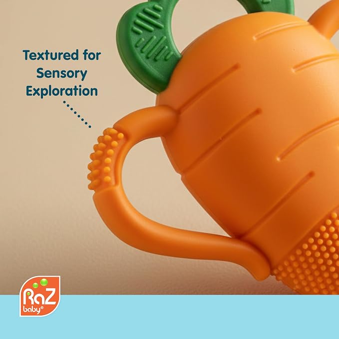RaZbaby Carrot Teether – Gentle Relief & Sensory Development Support with Safe, Food-Grade Silicone; Nature-Inspired Texture Soothes Sore Gums; 100% BPA-Free Teething Toy for All Ages