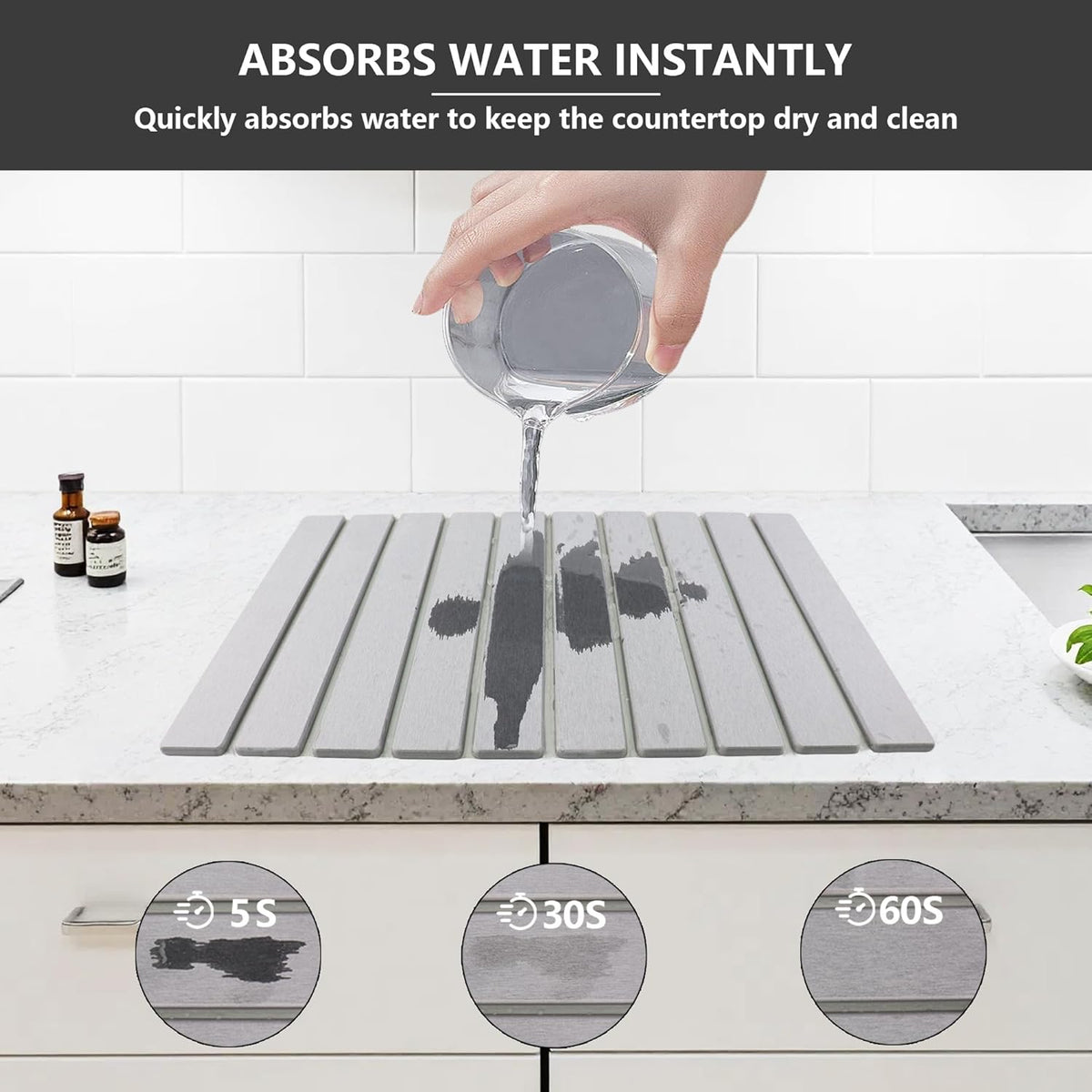 Large Stone Drying Mat for Kitchen Counter Diatomaceous Earth Collapsible 24”（L）*16”（W）Super Heat Resistant Mats, Quick Absorbent Dish Drying Rack（Gray marble）