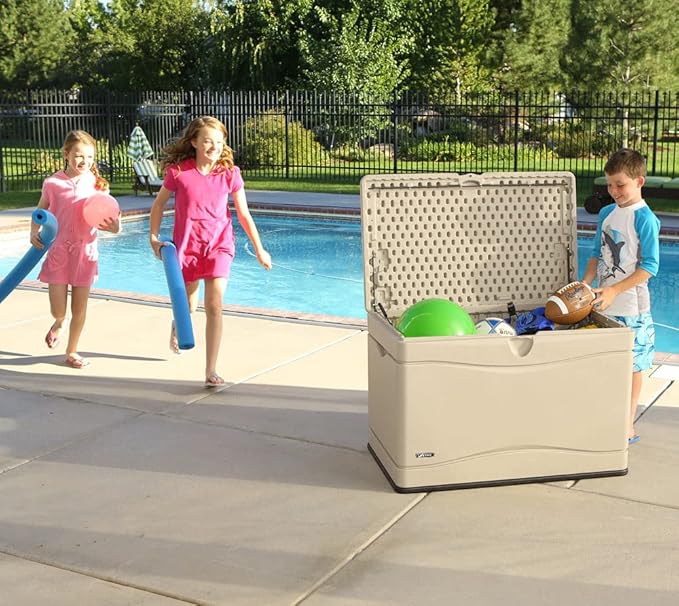 LIFETIME 60059 Black Bottom & Desert (Tan) Sides and Lid Outdoor Storage Box-80 Gal, 80 Gallon, Desert Sand