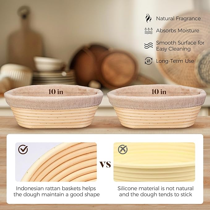 Banneton Bread Proofing Basket - Sourdough Starter Kit Banneton Sourdough Proofing Basket Set of 2, Sourdough Bread Baking Supplies for Making Baking Fermentation (10" Oval Set of 2, 6 Accessories)