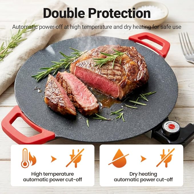 Non-Stick Electric Indoor Grill Pan, 2026 Upgraded Indoor Grills Electric Smokeless, Large Round Electric Griddle, Portable Electric KoreanBbq Grills, for Steaks, Pancakes, BBQ (16 inch)