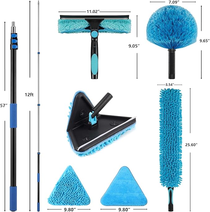 20 Foot Wall Cleaner Mop with 12 Ft Heavy Duty Extension Pole, 3-in-1 High Ceiling Cleaning Tool with 4 Microfiber Chenille Pad, Cobweb Duster, Fan, Baseboard, Window Squeegee Kit (12ft)