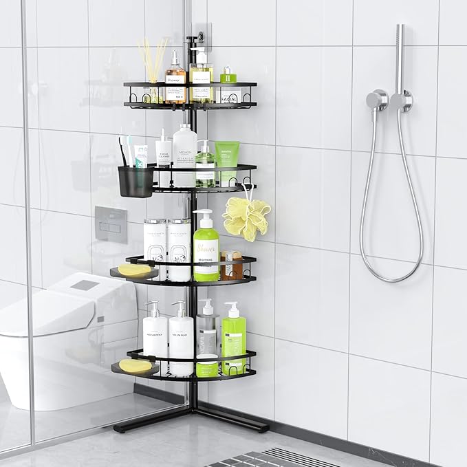 Corner Shower Caddy Standing: 4-tier Rustproof Shower Organizer Shelf - Floor Shower Corner Shelf Rack Stand for Bathroom Black
