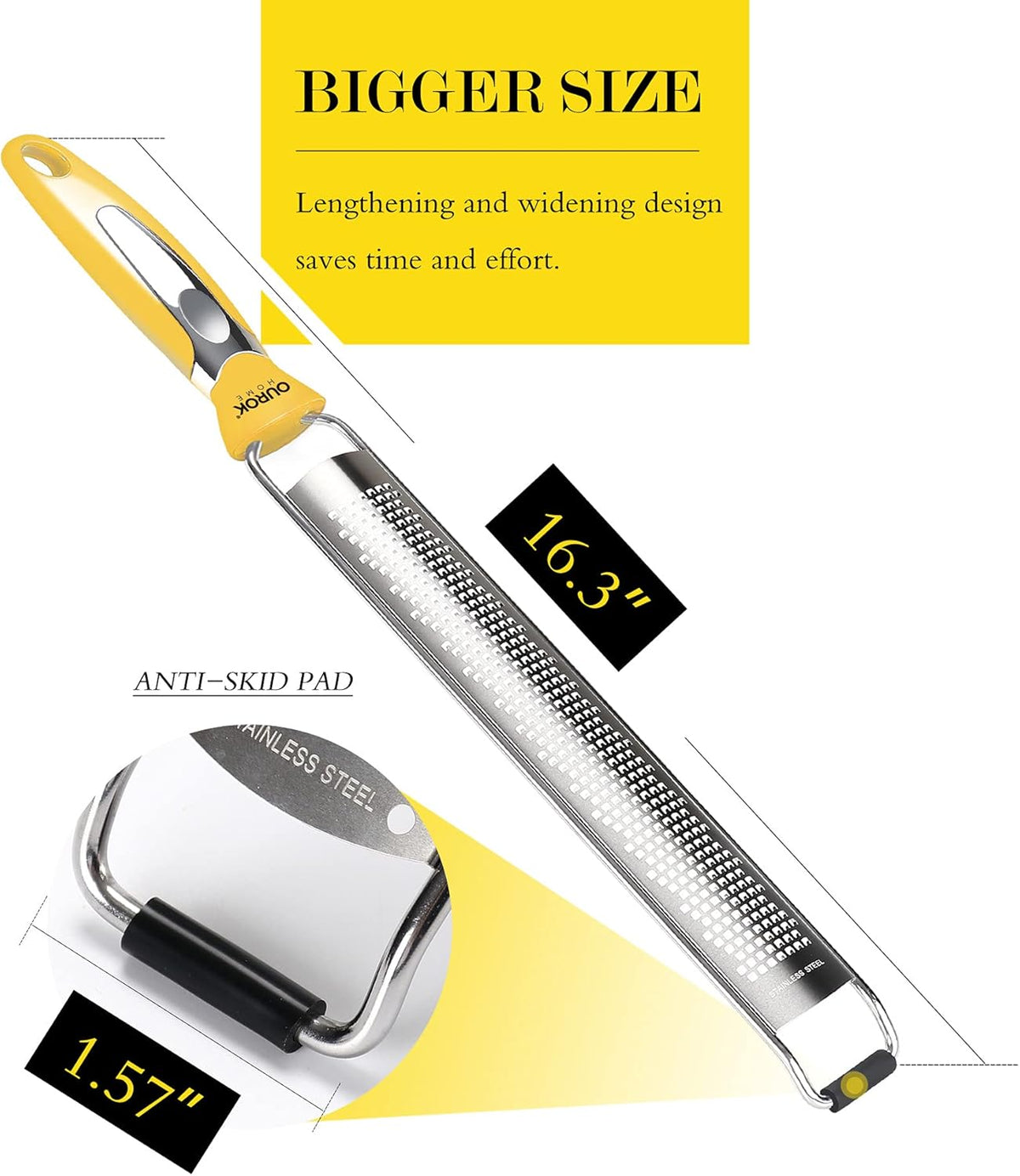 Ourokhome Kitchen Lemon Zester, Stainless Steel Hand Held Parmesan Cheese Grater for Ginger, Chocolate, Coconut, Lime, Nutmeg, Citrus, Fruit, Vegetable with Cleaning Brush, Dishwasher safe, Yellow
