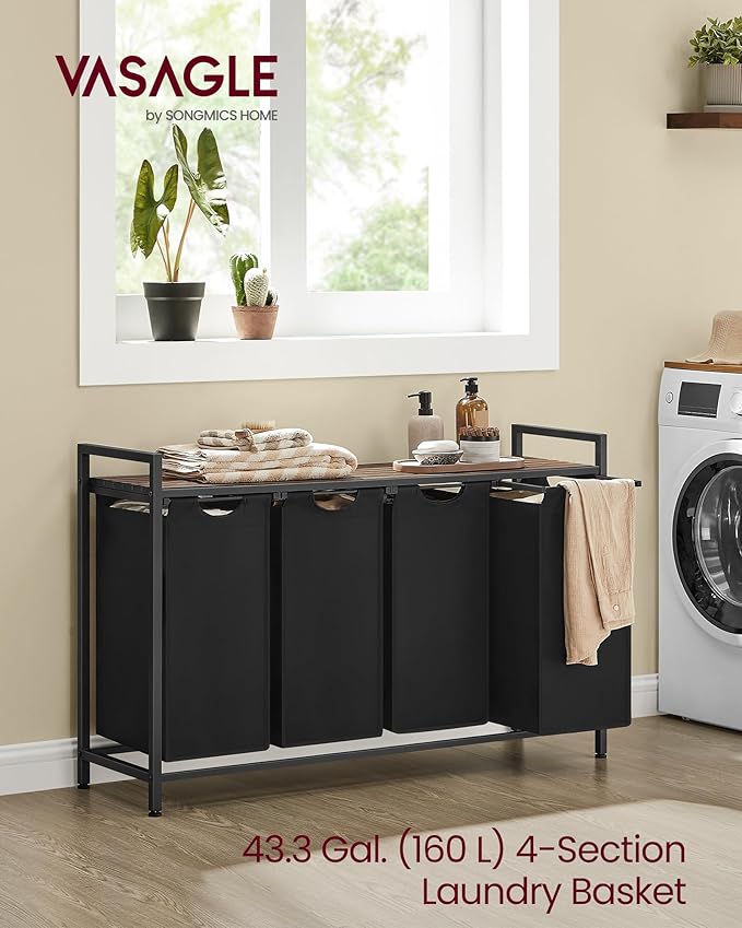 VASAGLE Laundry Hamper, Laundry Basket, Laundry Sorter with 4 Pull-Out and Removable Bags, Shelf, Metal Frame, 4 x 10.6 Gallons (40 L), 45.7 x 13 x 28.4 Inches, Ink Black and Rustic Brown UBLH401B01