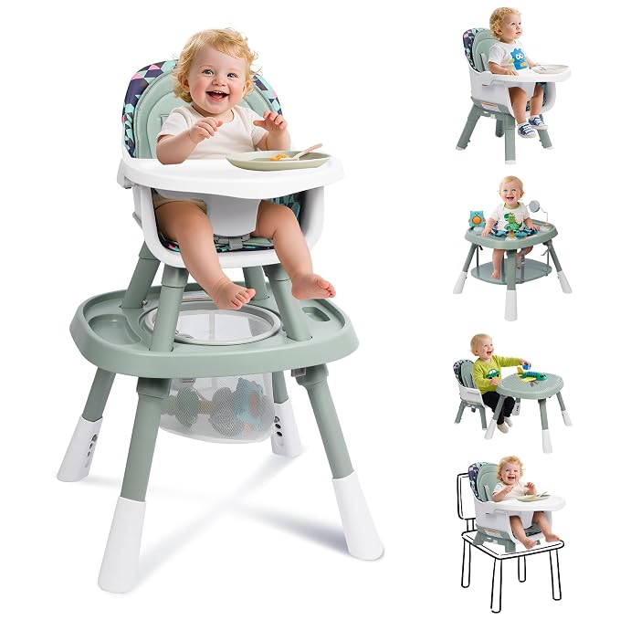 15 in 1 Convertiable High Chair for Babies and Toddlers, 2 in 1 Highchair & Activity Center w/Toys, Booster Seat, Toddler Chair w/5-Point Harness & Removable Tray & 2-Layer Cusion (Green)