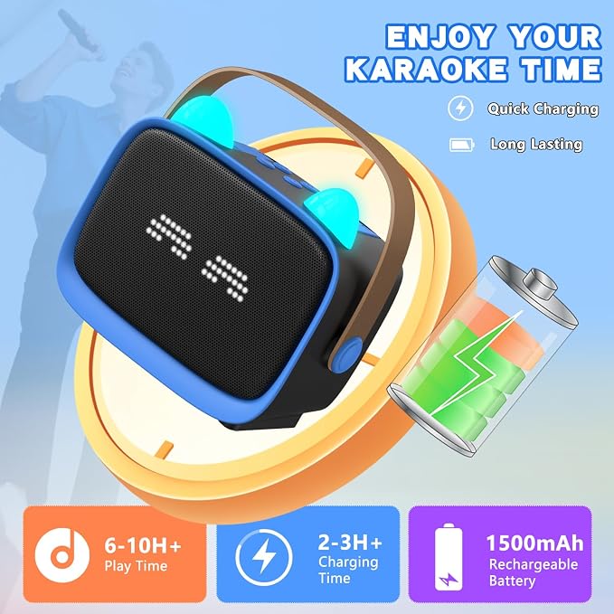 Mgaolo Upgraded Mini Karaoke Machine Toy for Kids, Portable Bluetooth Speaker with 2 Wireless Mics, Emoji & Colorful LED Lights, Home Travel & Party Play Gifts for Boys Girls (Blue)