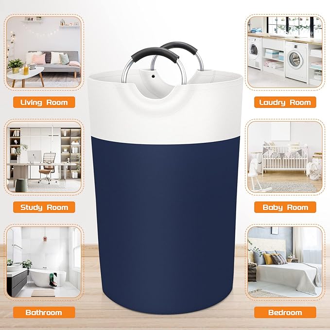 BlissTotes 115L Laundry Basket, Freestanding Laundry Hamper, Collapsible Dirty Clothes Hamper, Waterproof Fabric with Foam Protected Aluminum Handles for College, Dorm, Family (Blue)