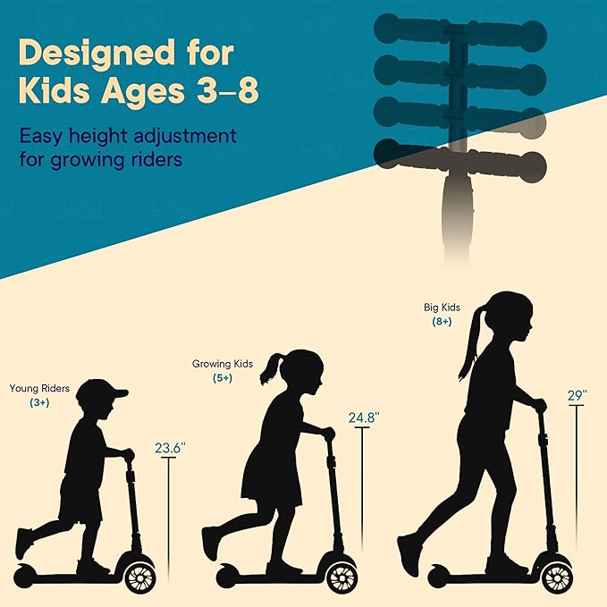 Outdoor Cruiser 3-Wheel Kids Scooter – with Lean-to-Steer Technology, Led Lighted Wheel, 4-Level Adjustable Height T-bar Handle, Support Kids Up to 150 Lbs, for Boys & Girls Ages 3-8, Aqua and Orange