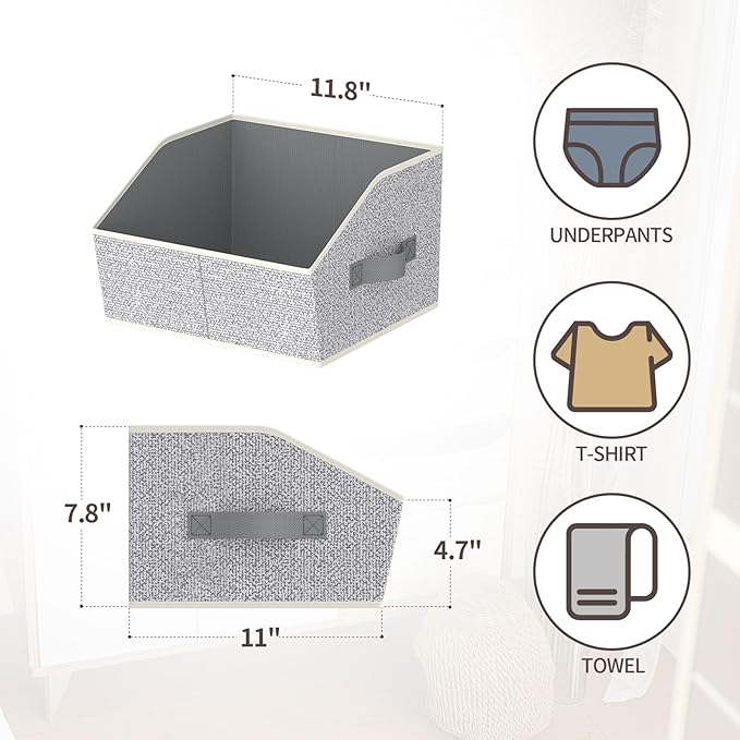 Storage Bins for Shelves - Small Trapezoid Closet Shelf Organizer, Fabric Organization Bins with Handles, Storage Baskets for Clothes, Towel, Purse, 6 Pack, Light Gray