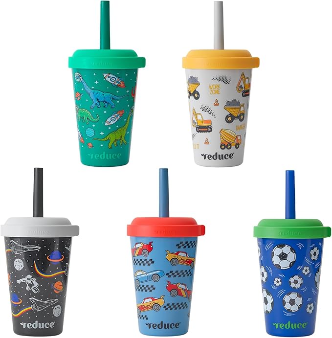 REDUCE GoGo's Kids Portable Tumbler Cups with Lids and Spill-Proof Straws - 5 Pack of Stackable 12 oz Tumblers with Twist-On Lids - Easy Storage, Dishwasher Safe - New Explorer