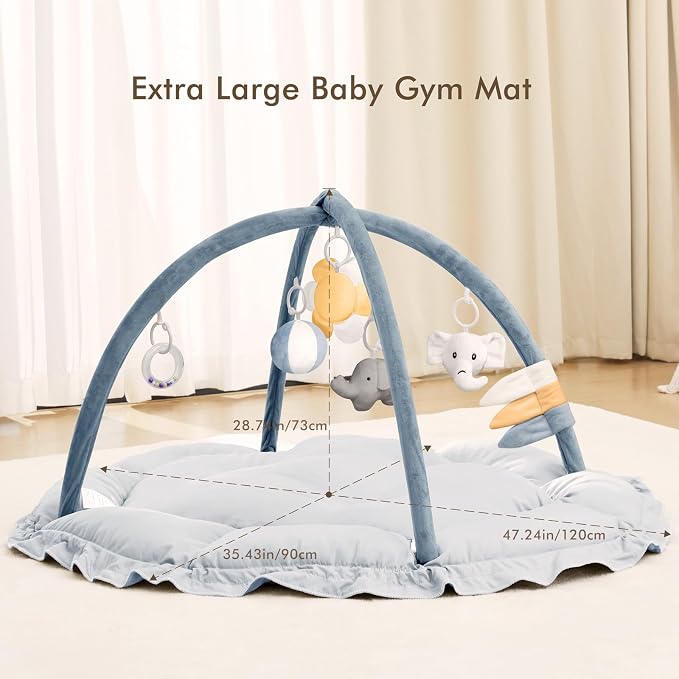ANGELBLISS 5 in 1 Baby Play Gym Mat, Reversible Tummy Time Mat with 5 Sensory Toys for Stage-Based Developmental, Thick & Large Baby Activity Center from Newborn to Toddler (Dark Blue)