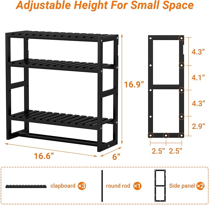 PPN Towel Rack Bathroom Storage Shelves Over The Toilet with Towel Bar 100% Bamboo Adjustable Height Floating Shelf Wall Shower Shelf for Small Space Bathroom Kitchen Multi Usage (Black-1Pack)