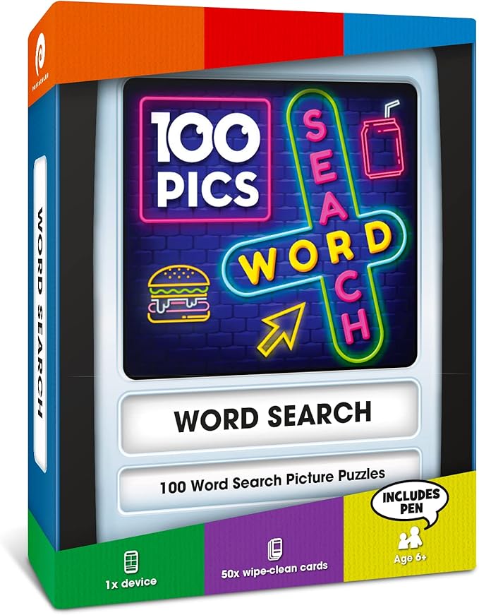 100 PICS Word Search Travel Game - 100 Puzzles with Picture Clues | 50 Wipe Clean Cards with Slide Reveal case and Pen | Activity, Gift, Stocking Stuffer | for Kids and Adults, Age 6+