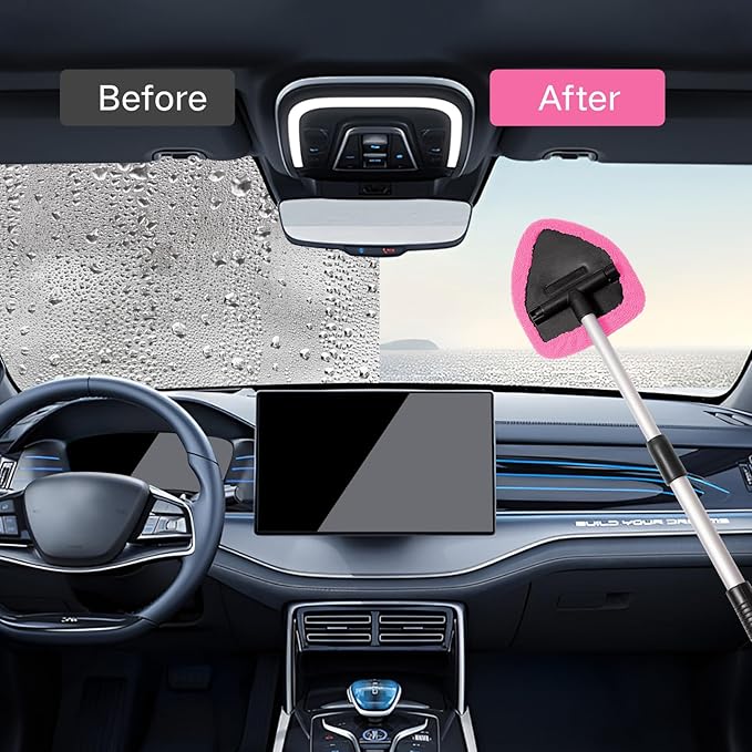 10pcs Windshield Cleaner Tool, Car Window Cleaning Wash Kit with 4 Reusable Microfiber Pads 1 Spray Bottle and Extendable Handle Auto Glass Wiper Kit, Pink