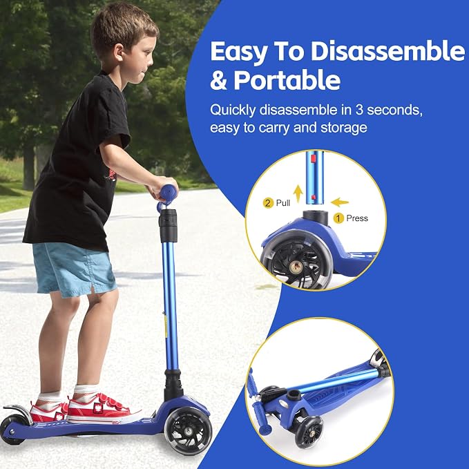 3 Wheel Scooter for Kids Ages 6-12,Kids Scooter with Light Up Wheels, Sturdy Deck Design, and 4 Height Adjustable Suitable for Kid Ages 3-12