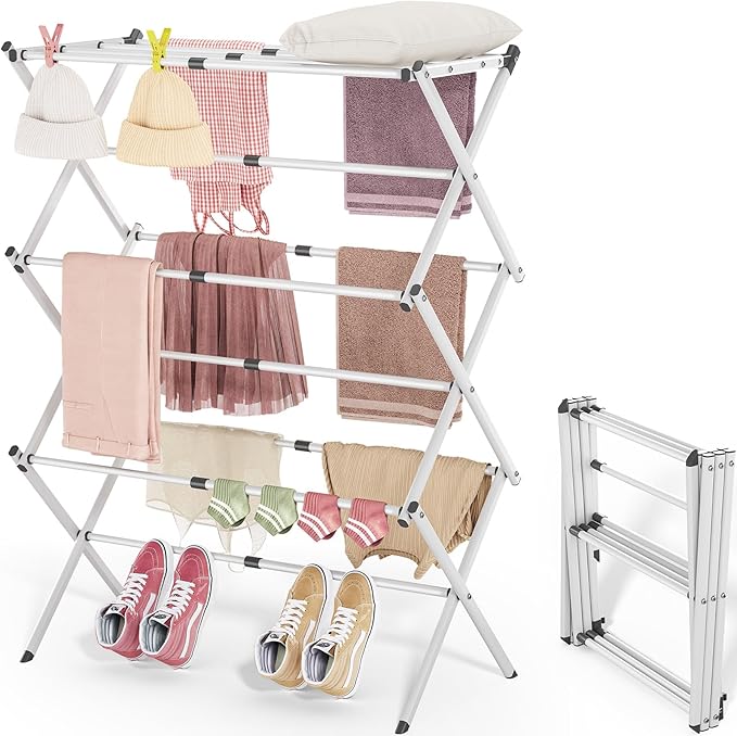 APEXCHASER Clothes Drying Rack Folding - 3 Tier Laundry Drying Rack for Clothes, Expandable Metal Clothing Dryer, Collapsible Towel Rack, Air Drying Rack, White