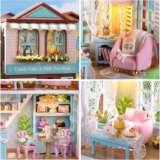 DIY Miniature House Kit, CUTEROOM Wooden Dollhouse Kit Mini House Making Kit with Furnitures, DIY Dollhouse Kit Birthday Gift for Women and Girls (Candy Cake)