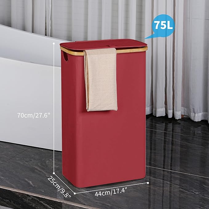 efluky Slim Laundry Basket with Lid, Narrow Laundry Hamper with Removable Bag, Skinny Dirty Clothes Basket with Bamboo Handles for Bathroom, Bedroom & Laundry Room, 75L Burgundy