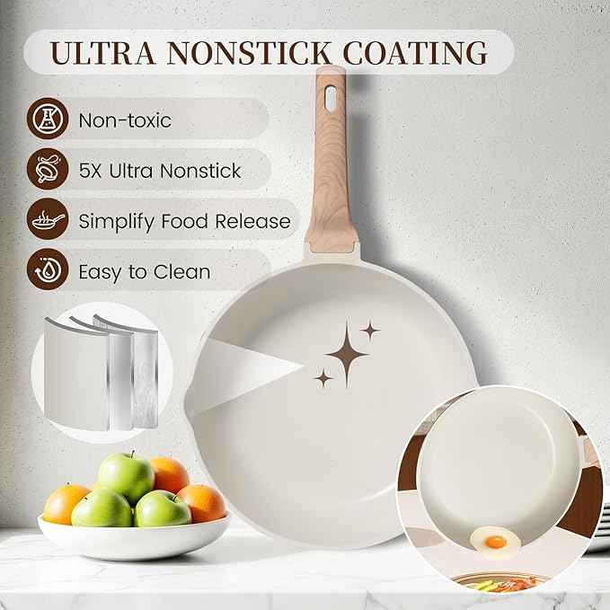Kikcoin 16Pcs Pots and Pans Set Nonstick Ceramic Cookware Sets Induction Kitchen Cooking Set Non toxic Healthy Non Stick w/Grill Pan,Saute Pan, Ceramic White