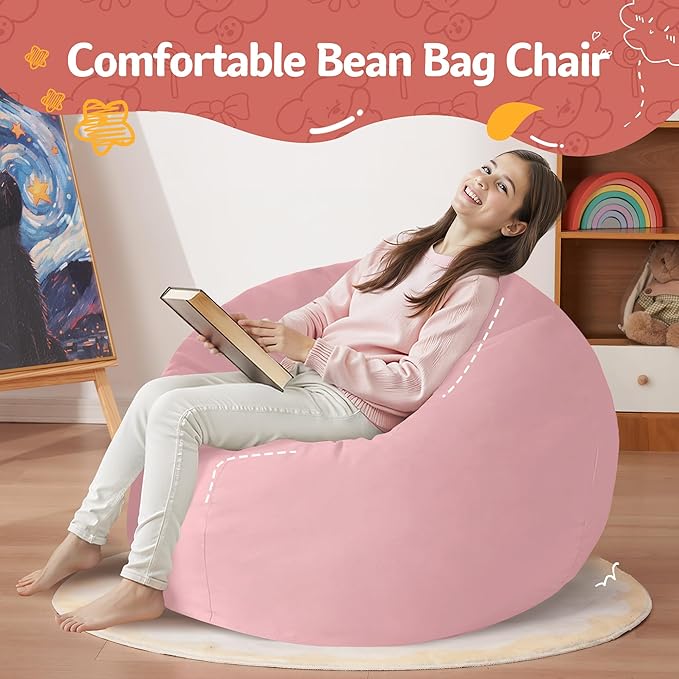 Homguava 2FT Bean Bag Chair: 2' Bean Bags with Memory Foam Filled,Comfy Beanbag Chairs Round Bean Bag Sofa with Dutch Velvet Cover-Light Pink