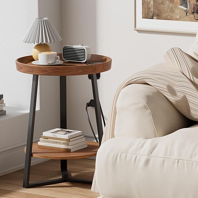 Gadroad Round End Table with Charging Station, USB Ports, Wood Tabletop & Black Metal Frame, 2-Tier Side Table for Living Room, Bedroom, Brown 15.7 * 15.7 * 23.0inches