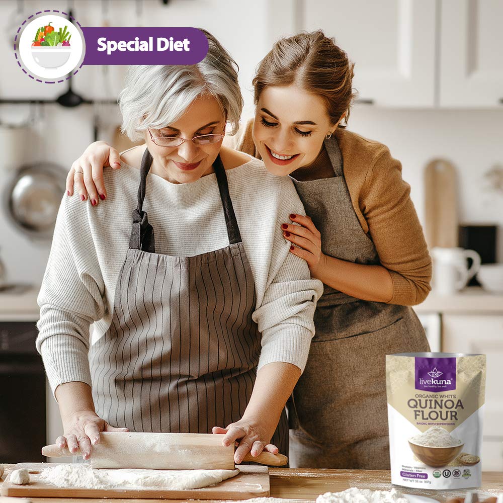 LiveKuna Organic Quinoa Flour - Gluten Free All Purpose Flour & Wheat Flour Alternative For Baking & Cooking Recipes - Vegan Quinoa Flour, Rich In Protein & Fiber for Keto & Paleo Diets, 32oz Bag