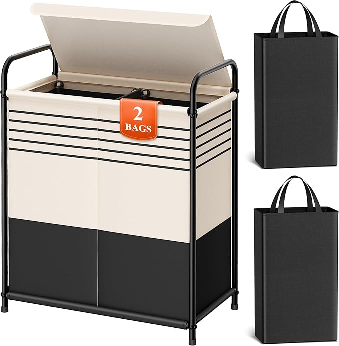 Kitsure Laundry Hamper with Lid - Spacious Double-Section Laundry Basket with Lid & Removable Inner Bags, Portable Clothes Hamper for Bedroom, Bathroom, Dorm, 120L, Black